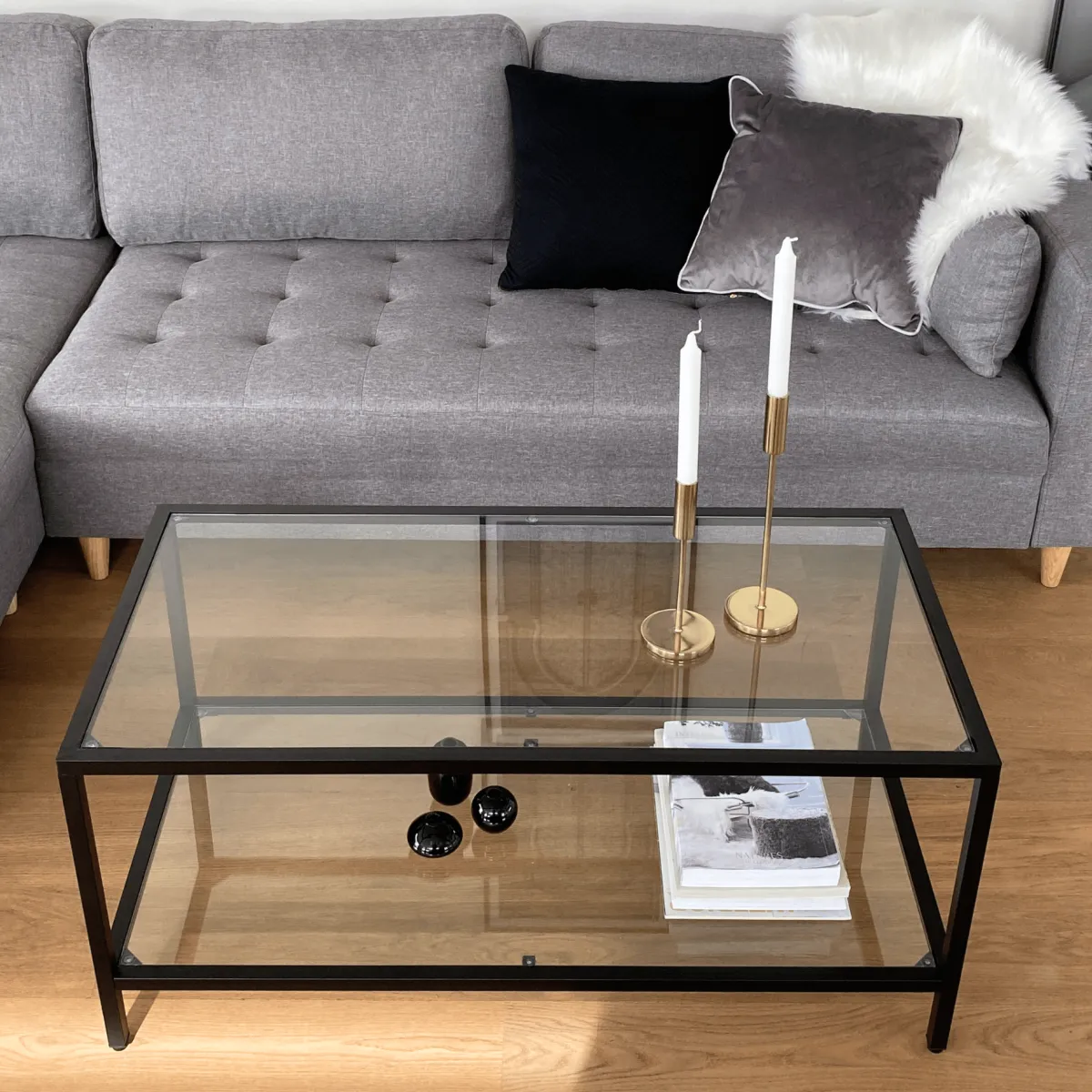 Nimara Bianca sort sofabord metalstel og glas - 100x50x40 cm* Sofaborde