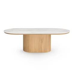Nimara Bobby - Oval sofabord med lys beige stenbordplade og fod i eg 120x55x45 cm* Sofaborde
