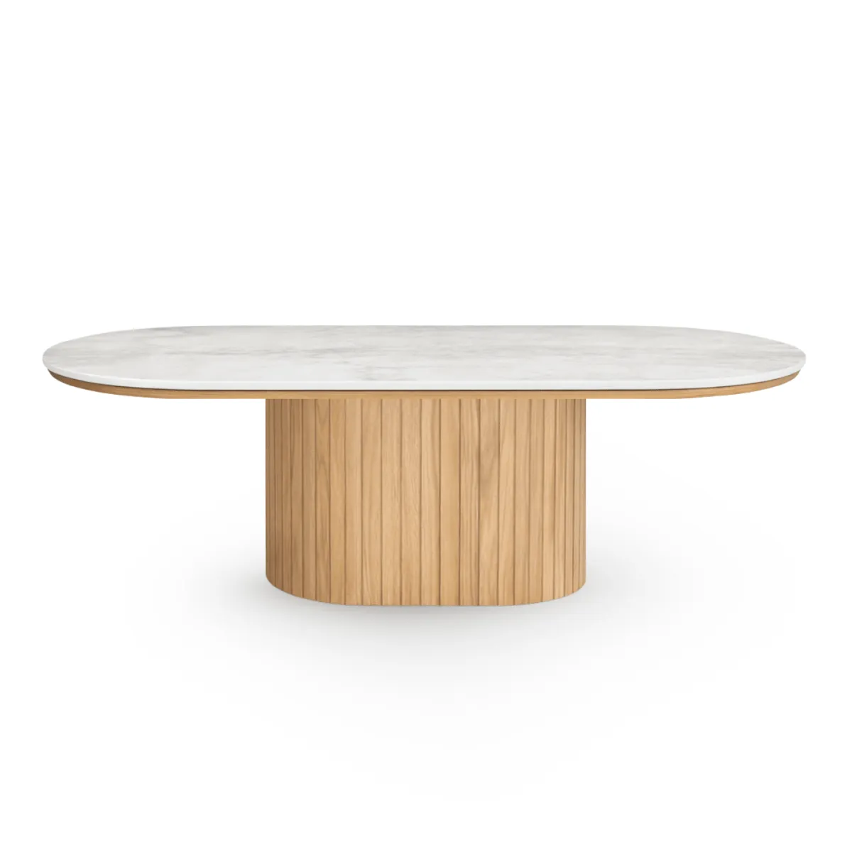 Nimara Bobby - Oval sofabord med lys beige stenbordplade og fod i eg 120x55x45 cm* Sofaborde