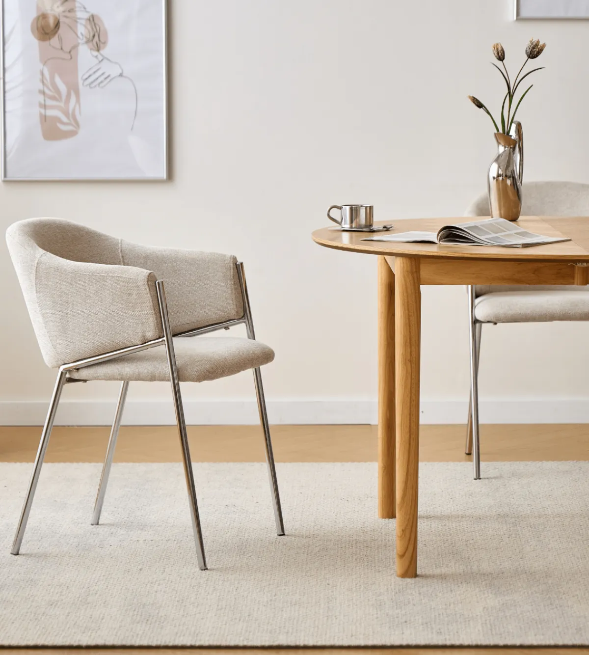 Nimara Carolina spisebordsstol i beige tekstil med chrome ben* Spisebordsstole