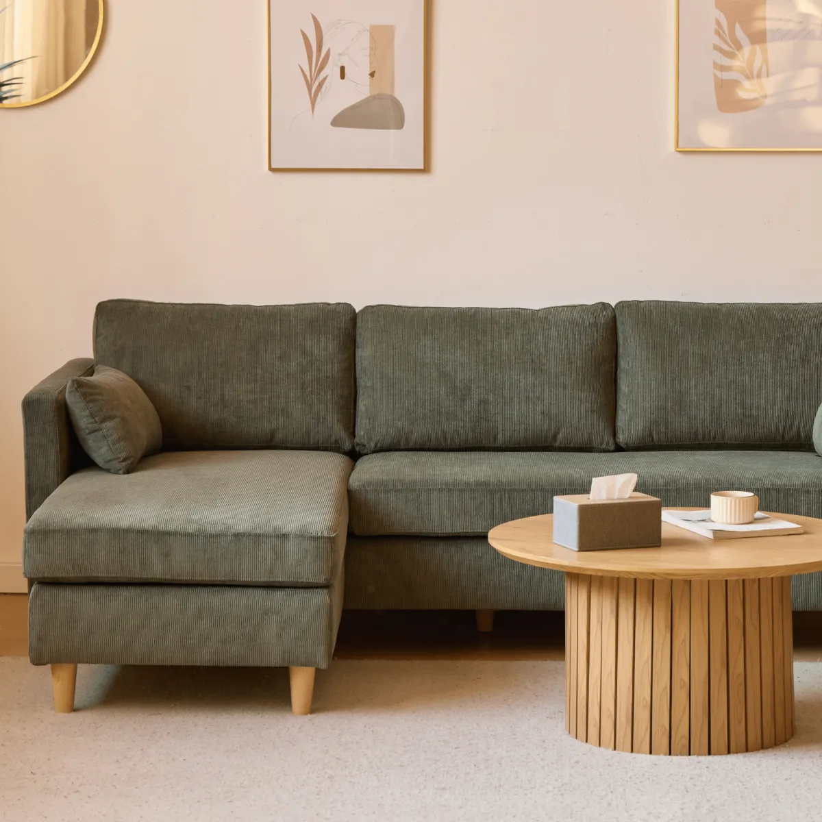 Nimara Ellis - Højrevendt og venstrevendt vendbar chaiselong sofa grøn fløjl - L: 215 x D: 82 x H: 78 cm* Sofaer