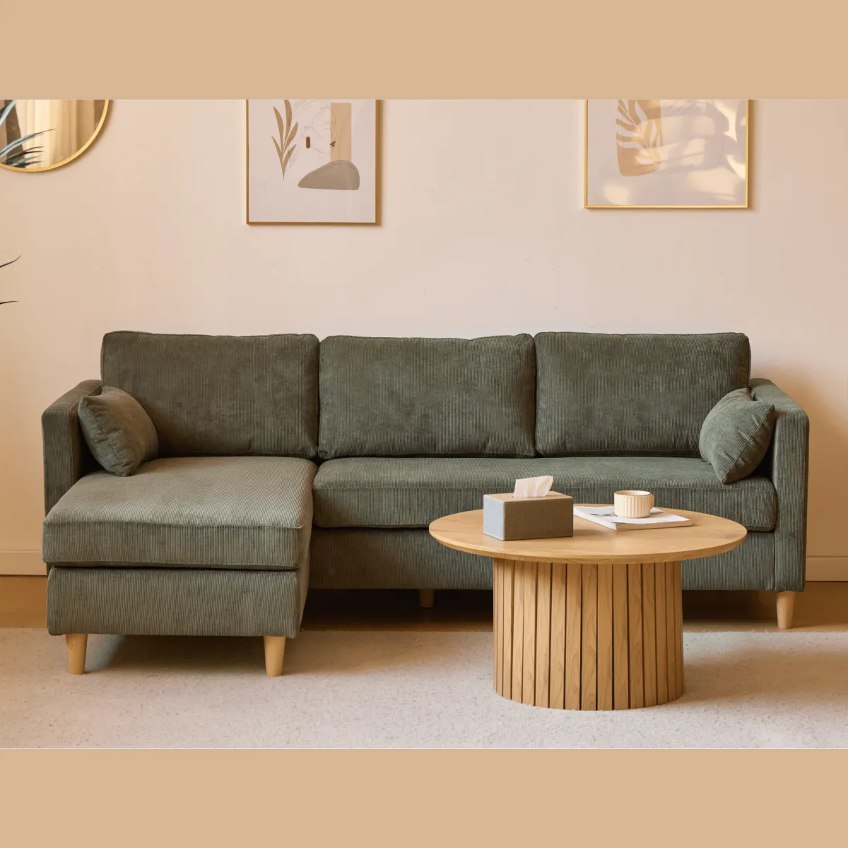 Nimara Ellis - Højrevendt og venstrevendt vendbar chaiselong sofa grøn fløjl - L: 215 x D: 82 x H: 78 cm* Sofaer