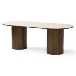 Nimara Enzo ovalt spisebord med stenbordplade i beige og lamelfod i røget eg 220x100x76 cm* Spiseborde
