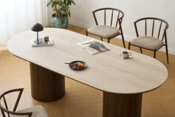 Nimara Enzo ovalt spisebord med stenbordplade i beige og lamelfod i røget eg 220x100x76 cm* Spiseborde