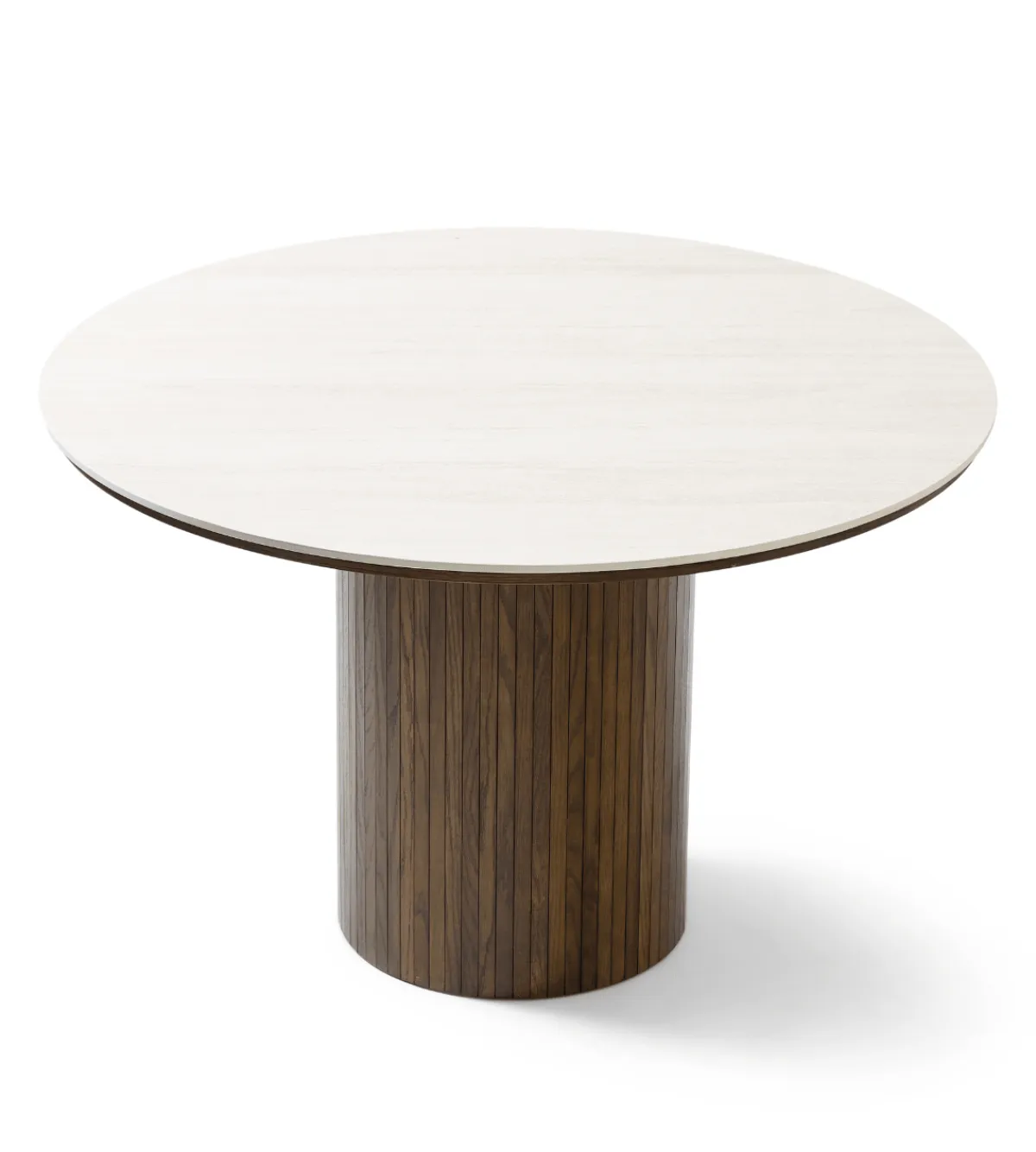 Nimara Enzo rundt spisebord med bordplade i beige sten og lamelfod i røget egetræ Ø120 cm* Spiseborde