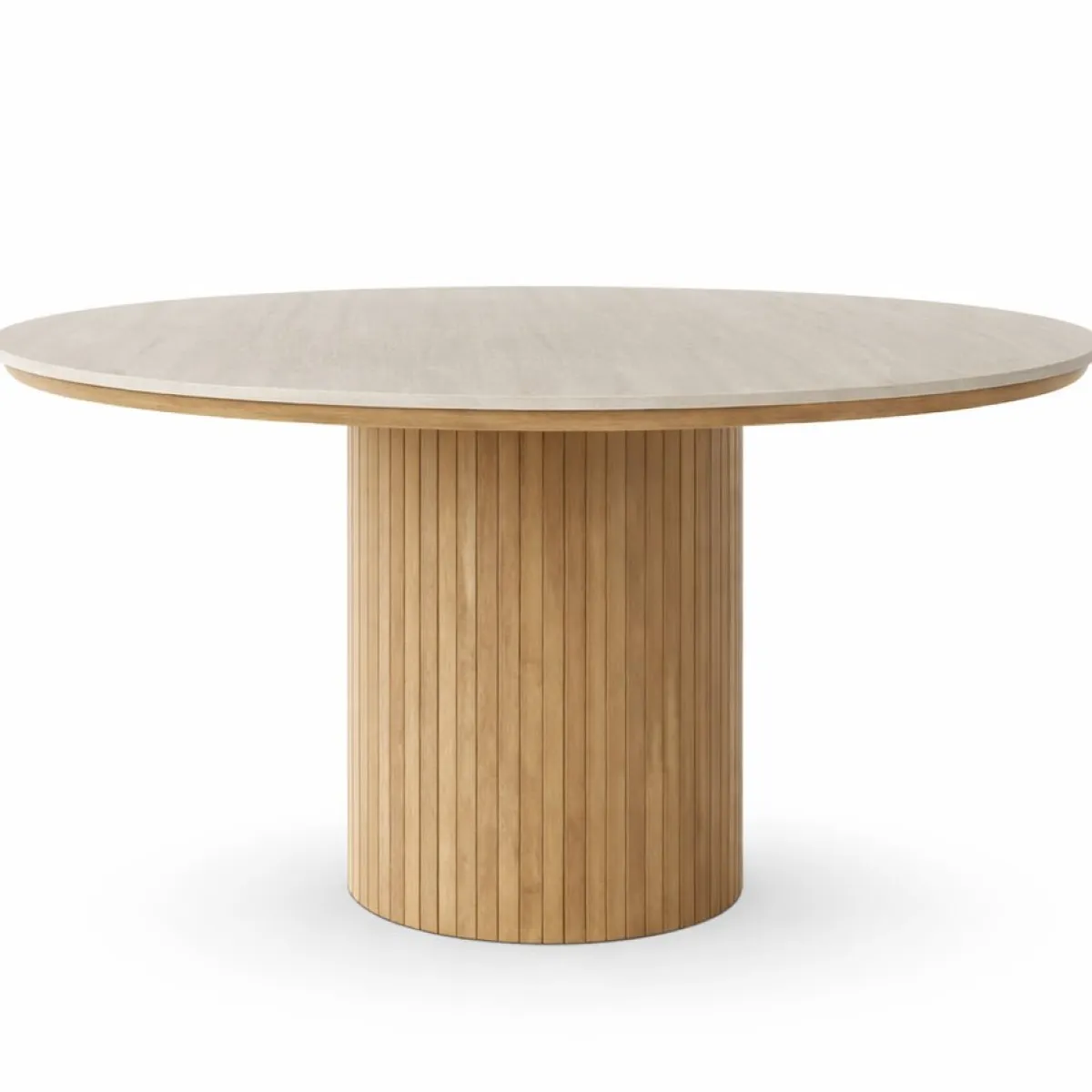 Nimara Enzo rundt spisebord med bordplade i beige sten og lamelfod i egetræ Ø120 cm* Spiseborde
