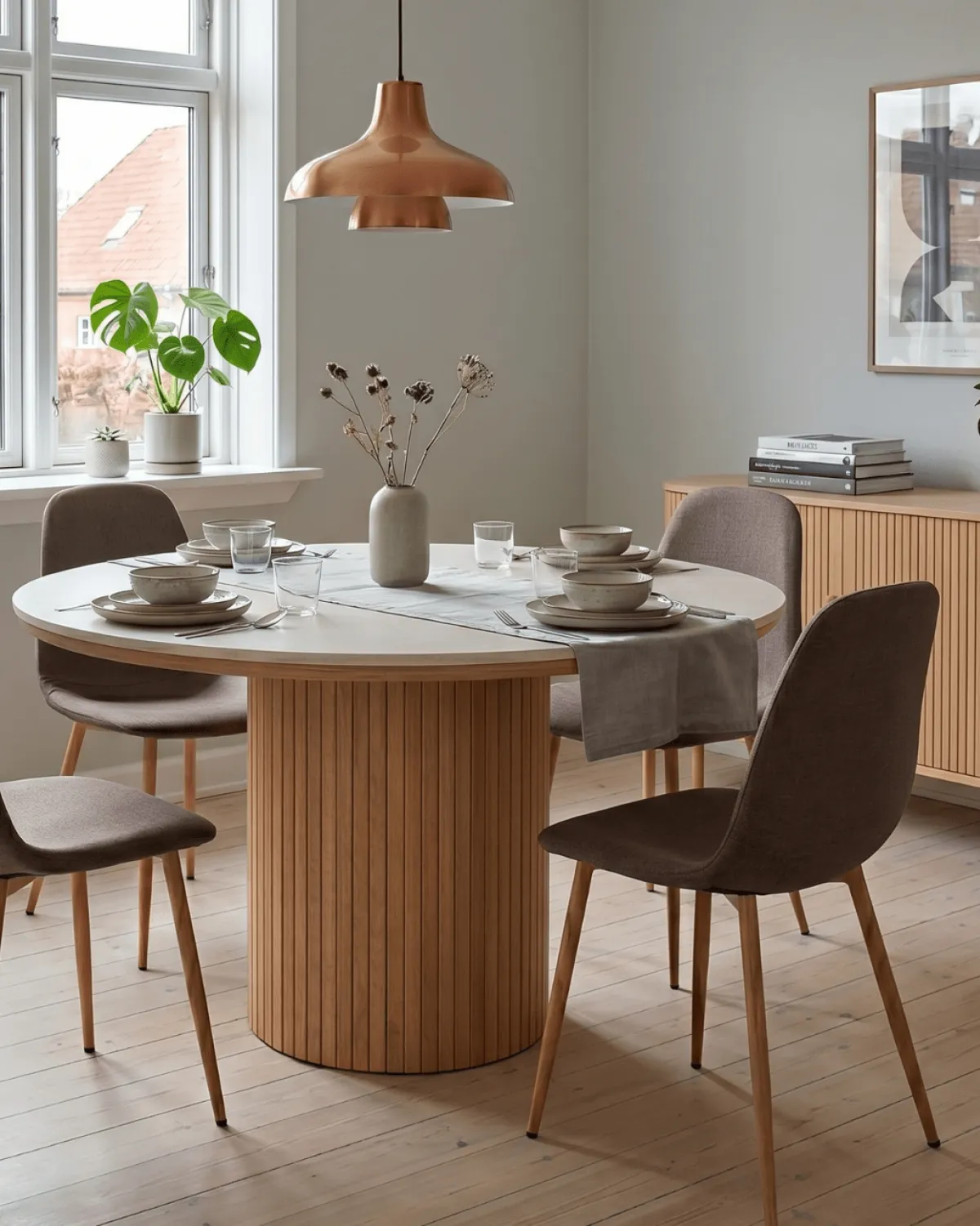 Nimara Enzo rundt spisebord med bordplade i beige sten og lamelfod i egetræ Ø120 cm* Spiseborde