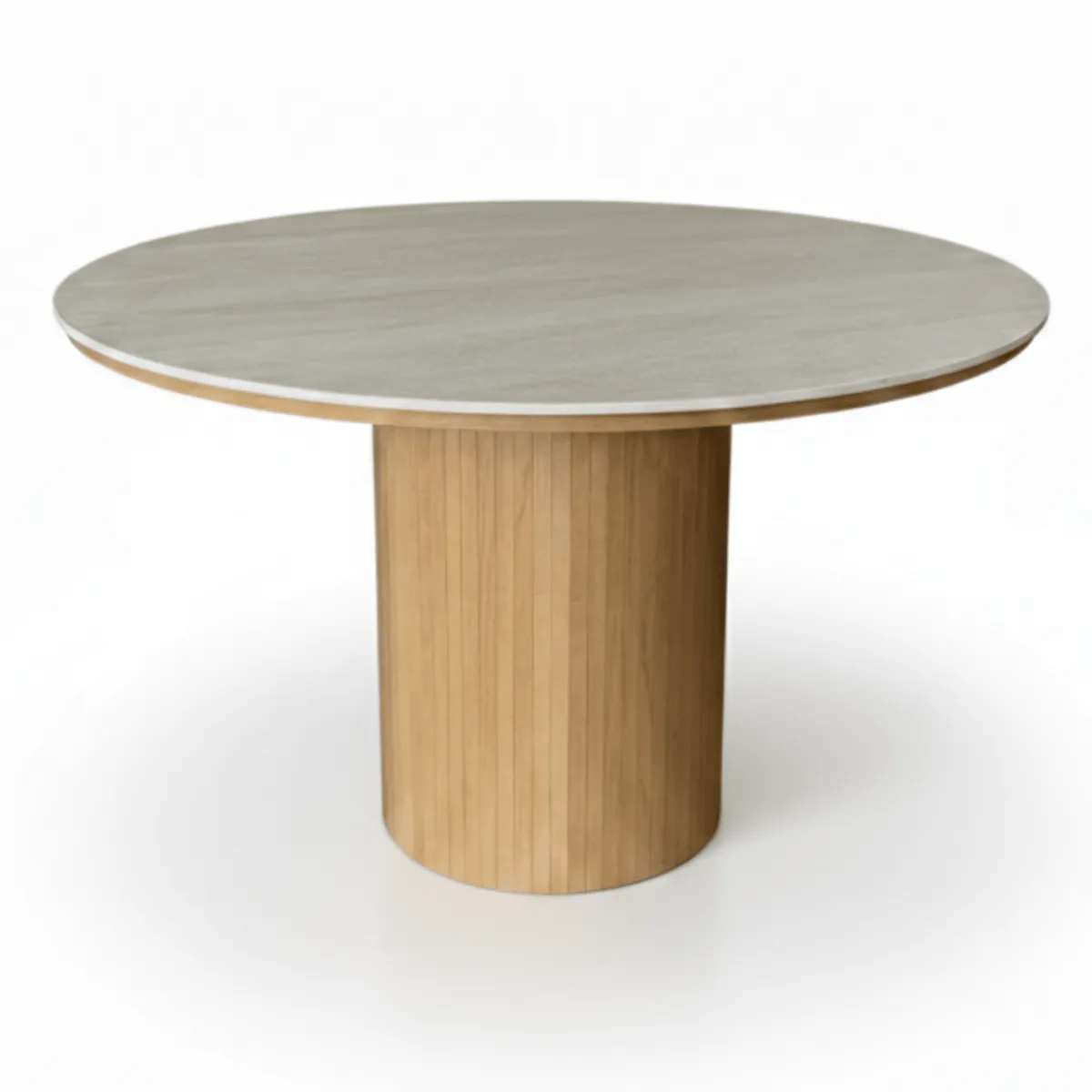 Nimara Enzo rundt spisebord med bordplade i beige sten og lamelfod i egetræ Ø120 cm* Spiseborde