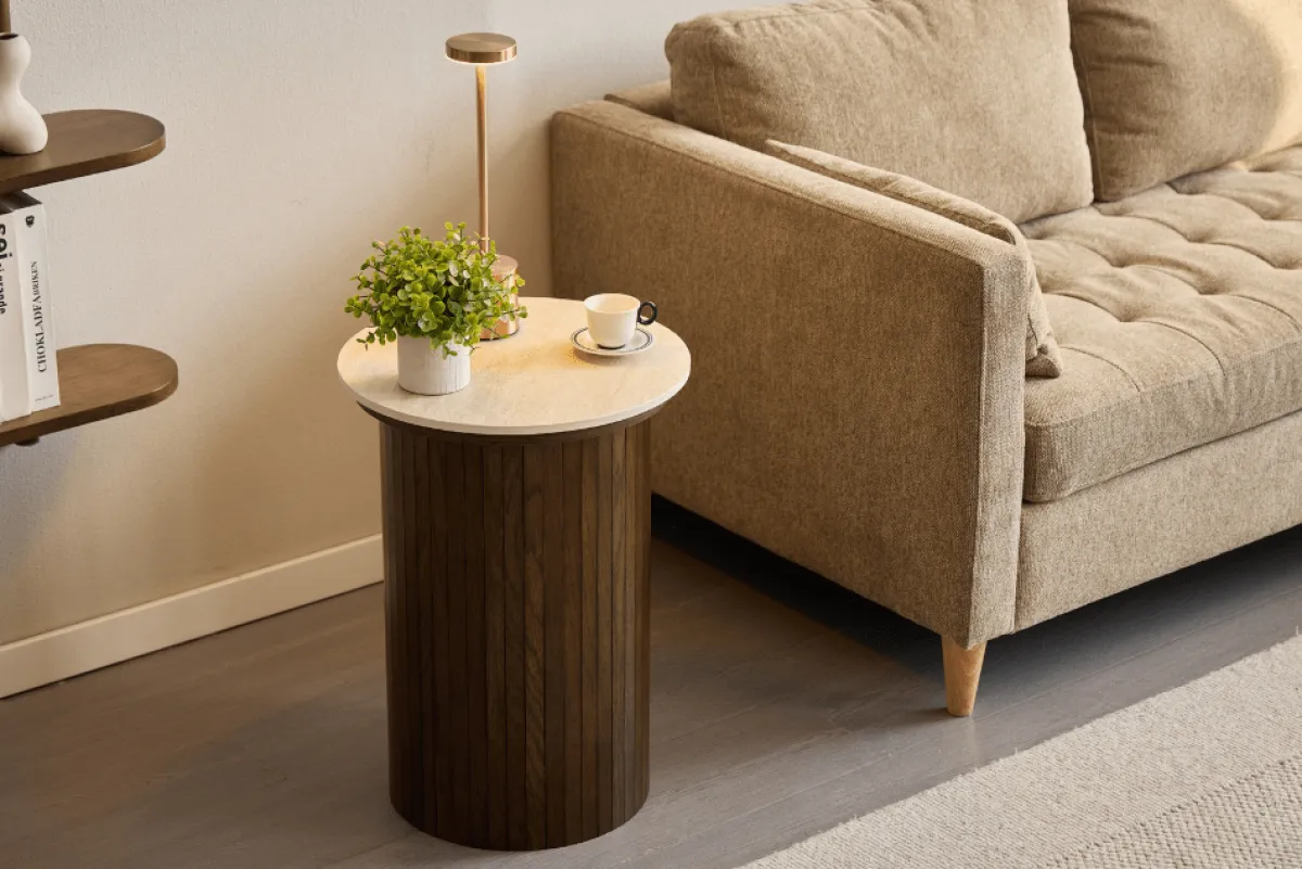 Nimara Enzo sidebord i stenbordplade med røget eg lamelfod Ø40 cm* Hjørneborde & Sengeborde|Hjørneborde & Sengeborde
