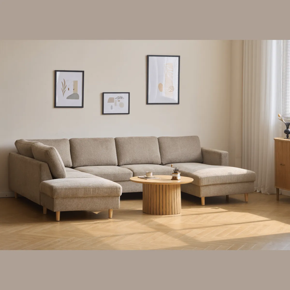 Nimara Jennifer højrevendt u-sofa i sand med chaiselong - L: 300 x D: 208 x H: 82 cm* Sofaer