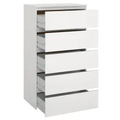 Nimara Maise kommode H:114 x B:65 x D:41 cm med 5 skuffer i hvid. Uden emballage / Mindre skader - se produktbeskrivelse (OUB12278)* Alle Møbler|Kommoder
