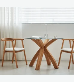 Nimara Sidney - Glas spisebord med ben i massiv egetræ Ø100 cm* Spiseborde