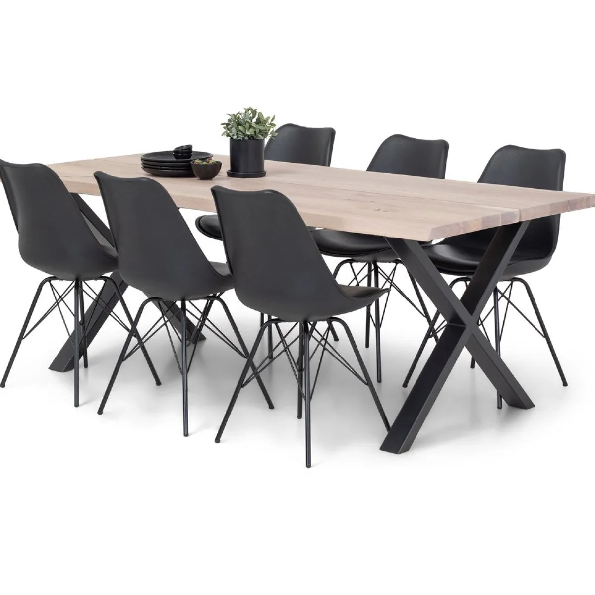 Nimara Susan plankebord - 200x95 cm - i hvidolieret eg med krydsben - (Forberedt til tillægsplader)* Spiseborde